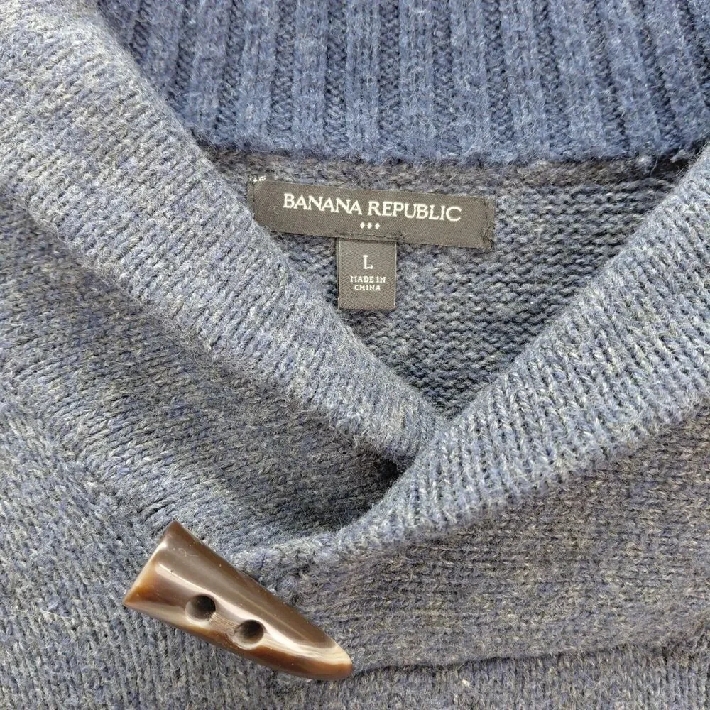 Banana Republic Sweater Mens Large Blue Shawl Collar Wool Blend Fisherman Toggle
